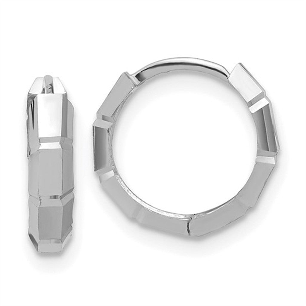 Elegant 14K White Gold Polished Diamond Cut Small Huggie Earrings