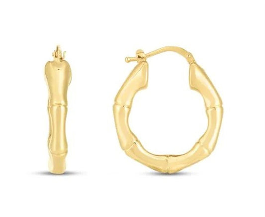14K Yellow Gold Bamboo Hoop Earrings – 25mm Hinged Clasp