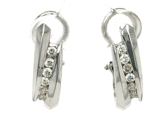 18K White Gold Diamond Hoop Earrings with Omega Backs