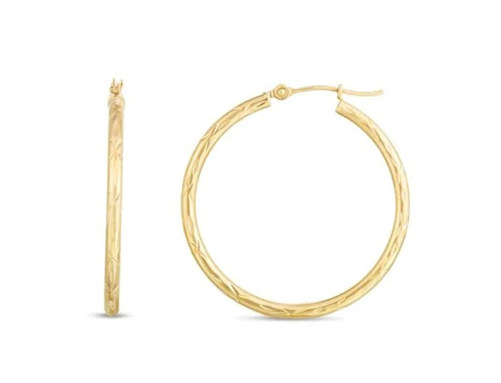 14K Yellow Gold Diamond-Cut 2mm Hoop Earrings with Hinged Closure