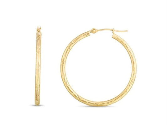 14K Yellow Gold Diamond-Cut 2mm Hoop Earrings with Hinged Closure