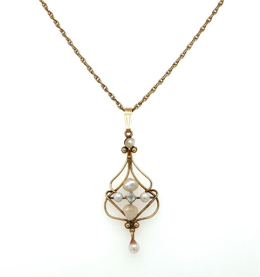 14K Yellow Gold Freeform Pendant with Diamond & Pearl Accents
