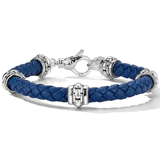 JAI Sterling Silver 6mm Woven Ocean Blue Leather & | Silver Bracelets