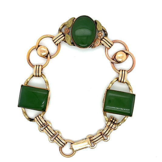 10K Yellow Gold Bracelet with Green Stones & Leaf Floral Accents