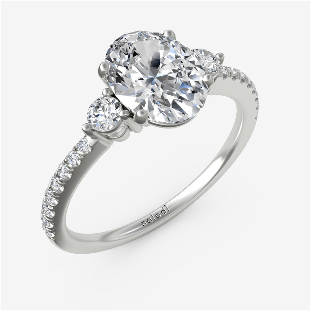 Three Stone Ring with Round Side Stones and Diamond Shank Engagement Ring Semi-Mount