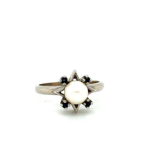 10K White Gold Pearl & Sapphire Ring – Size 6.75