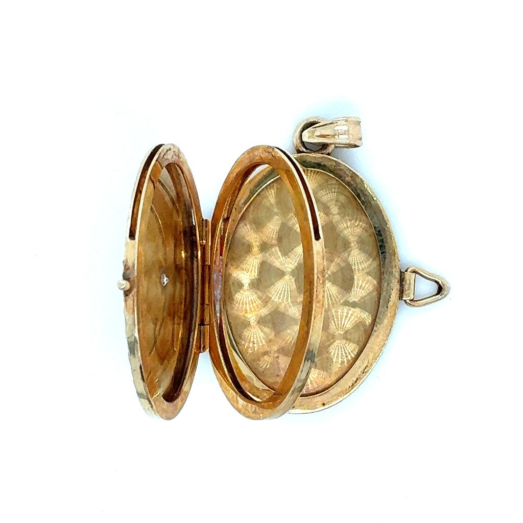 14K Yellow Gold Tri-Layer Rose Engraved Locket with Diamond Accent