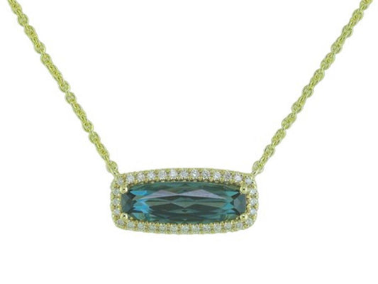 14K Yellow Gold Elongated Elegance East West Set London Blue Topaz with Diamond Accent Necklace