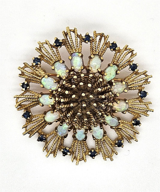 18K Yellow Gold Flower Shaped Pin with Opals and Blue Sapphires