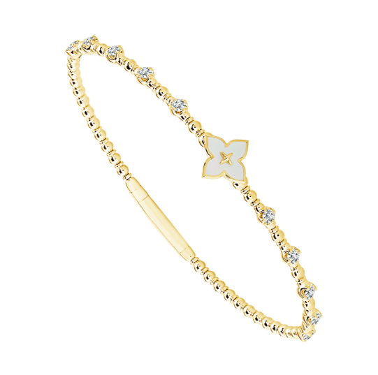 14K Yellow Gold .33CTW Diamond Bangle with MOP Flower Detail and 10 Round Brilliant Cut Diamonds Size 6.75