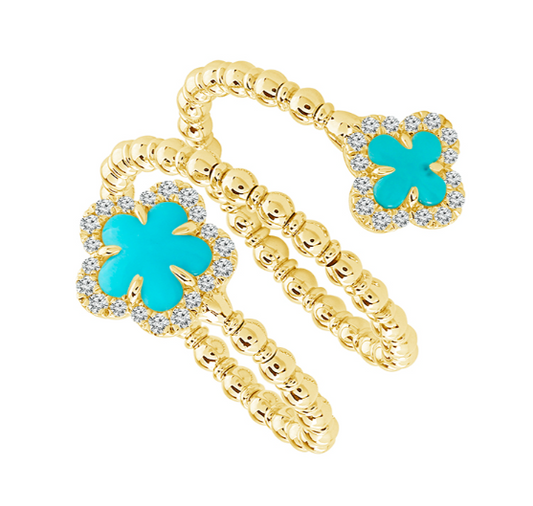 14K Yellow Gold .20CTW Flexie Ring with 36 Round Brilliant Cut Diamonds Around Two Flower Shaped Turquoise Ends