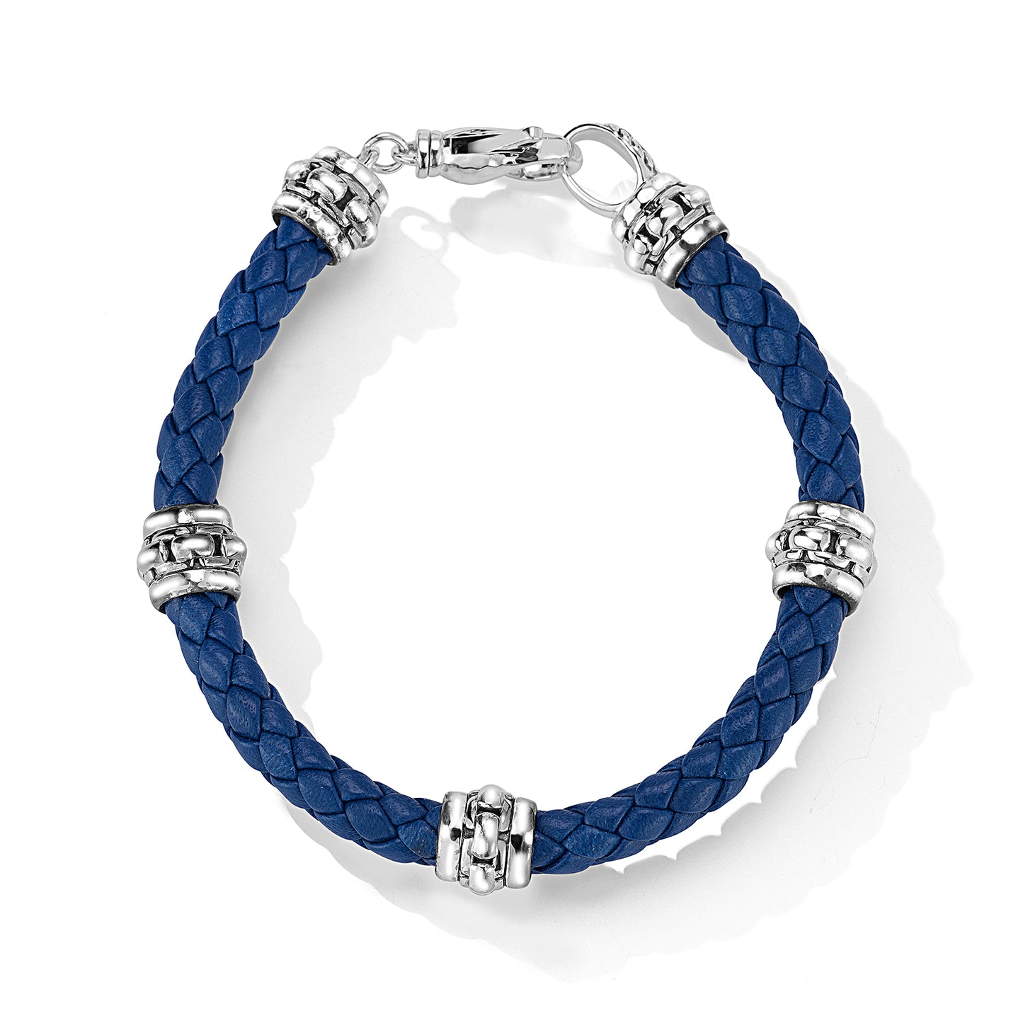 JAI Sterling Silver 6mm Woven Ocean Blue Leather & | Silver Bracelets
