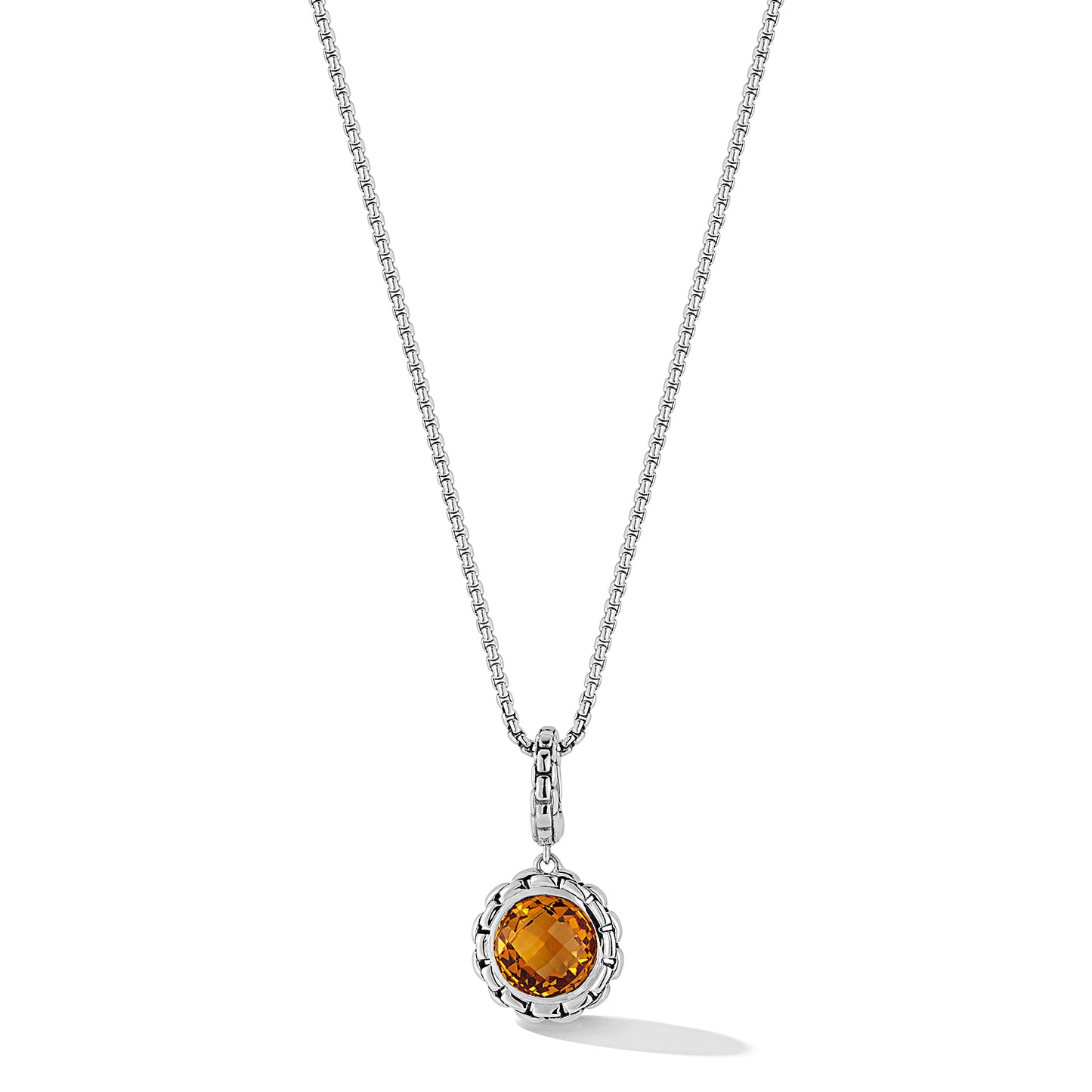 JAI Sterling Silver Box Chain Pattern Citrine Char | Silver Necklaces