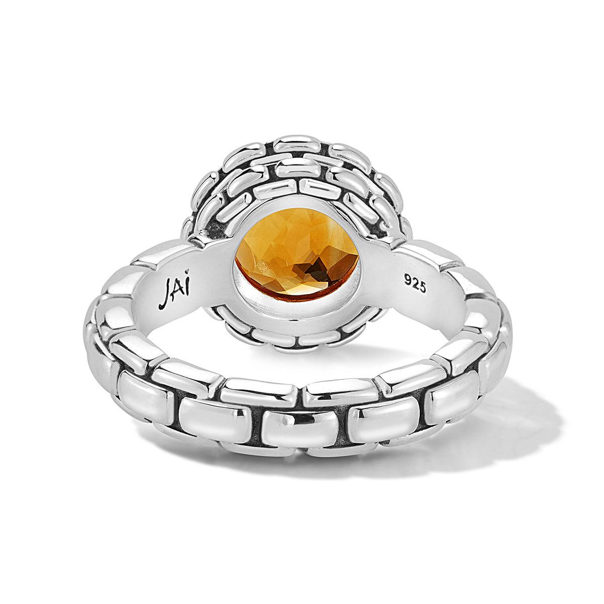 JAI Sterling Silver Box Chain Pattern Ring with Do | Silver Rings