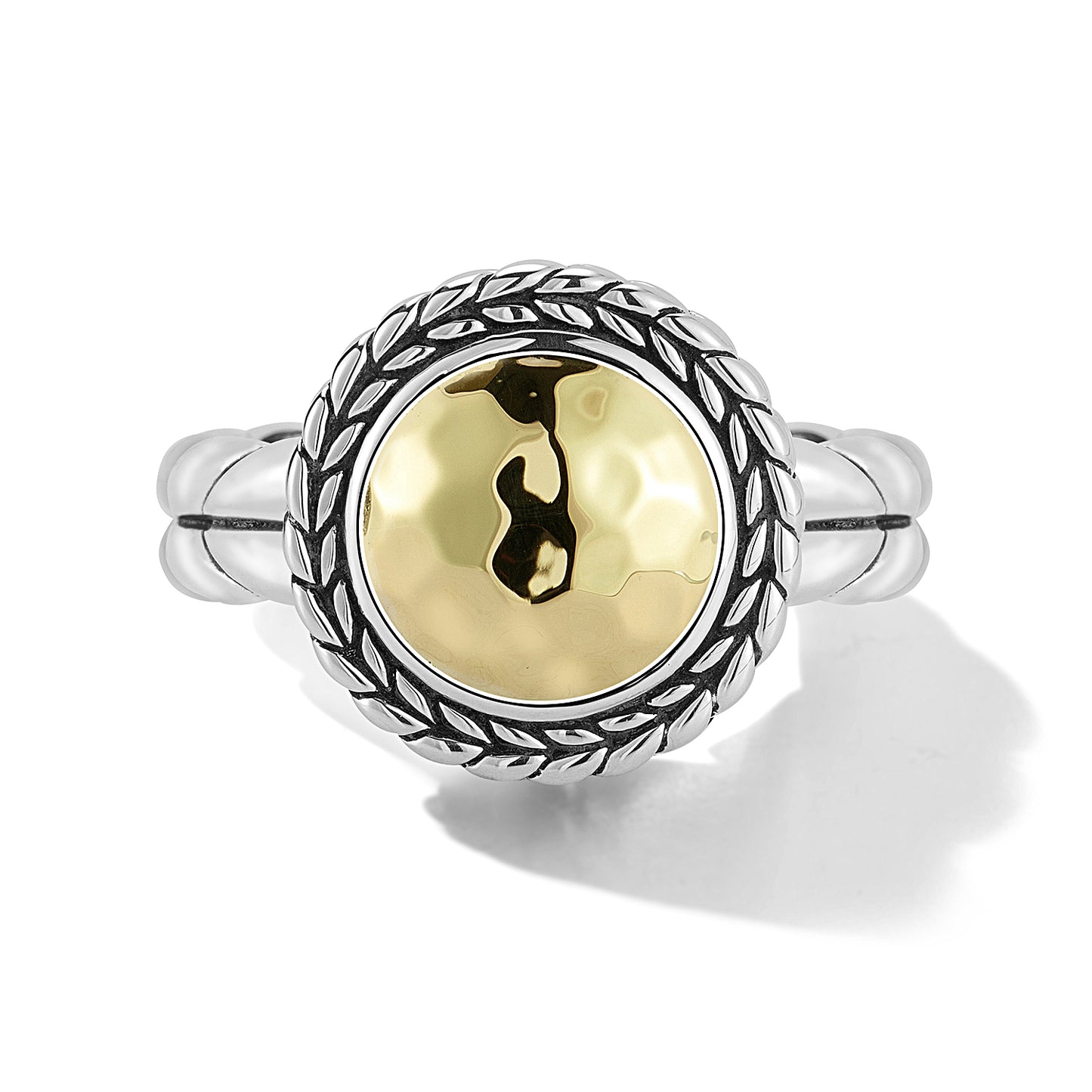 JAI Sterling Silver & 14K Gold Hammered Disk Ring  | Silver Rings
