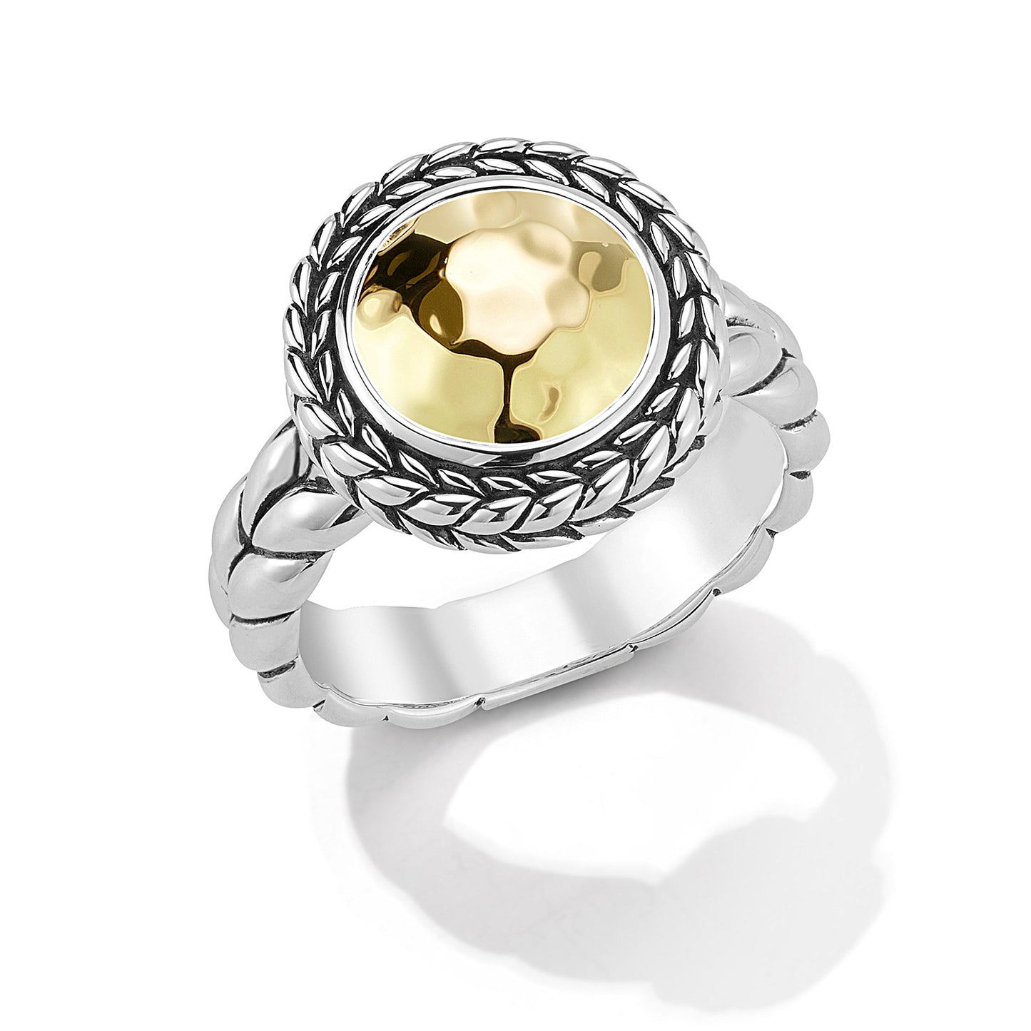 JAI Sterling Silver & 14K Gold Hammered Disk Ring  | Silver Rings