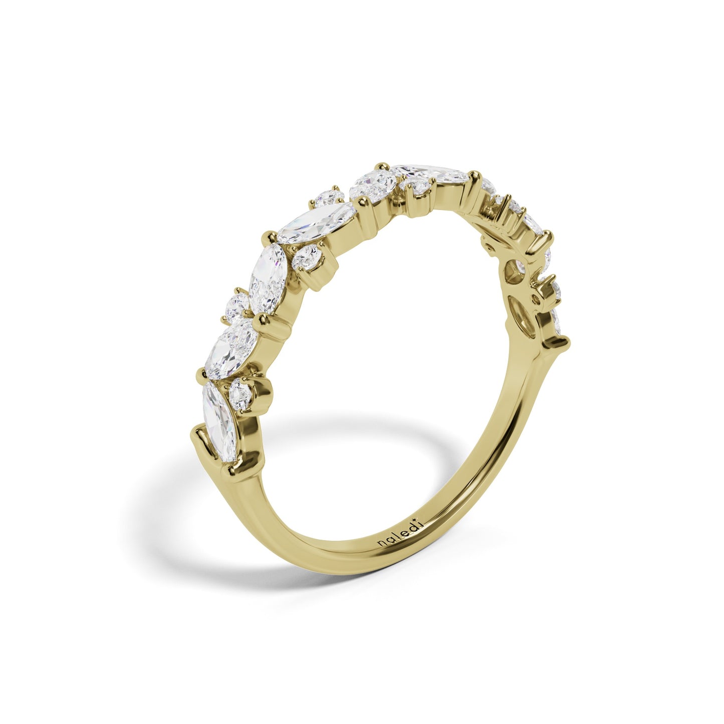 14K Yellow Gold Wedding Band – Alternating Marquise & Round Diamonds