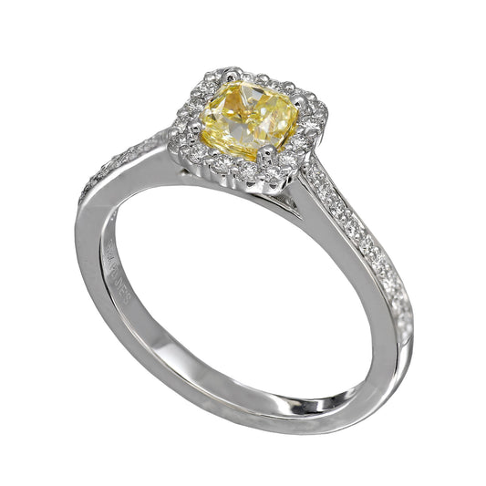 18K White Gold/Palladium Yellow Diamond Cushion-Cut Ring – .79CTW Center & .30CTW Diamonds