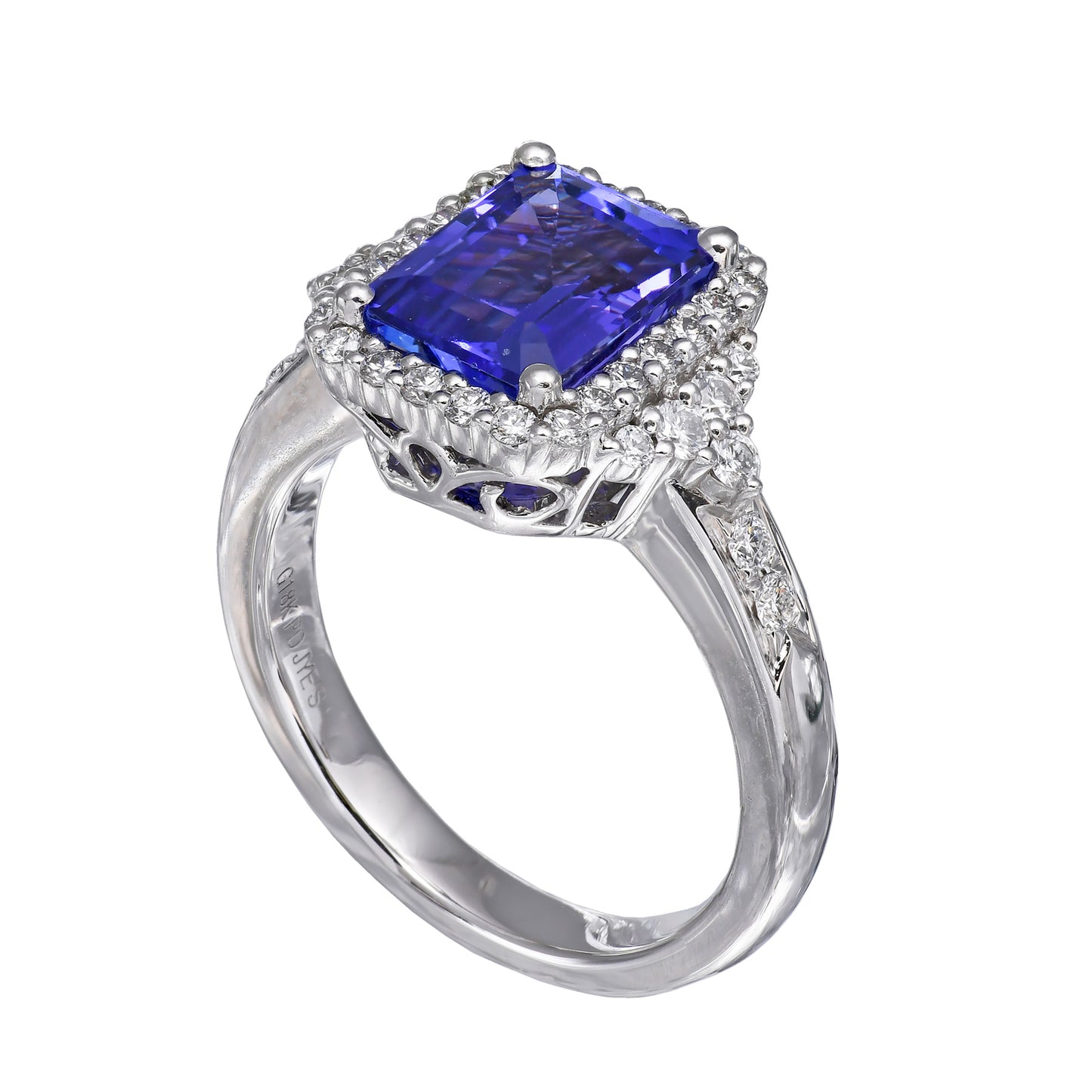 18K White & Palladium Tanzanite Ring – 2.72ct Emerald Cut with .49CTW Diamonds