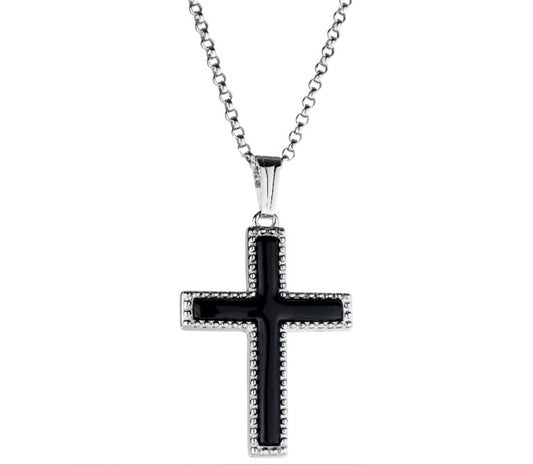 Sterling Silver Onyx Cross with Beaded Edge & 18" Rolo Chain