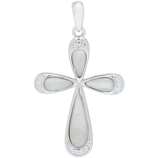 Sterling Silver Cross Necklace with Mother of Pearl & White Topaz – 18" Chain