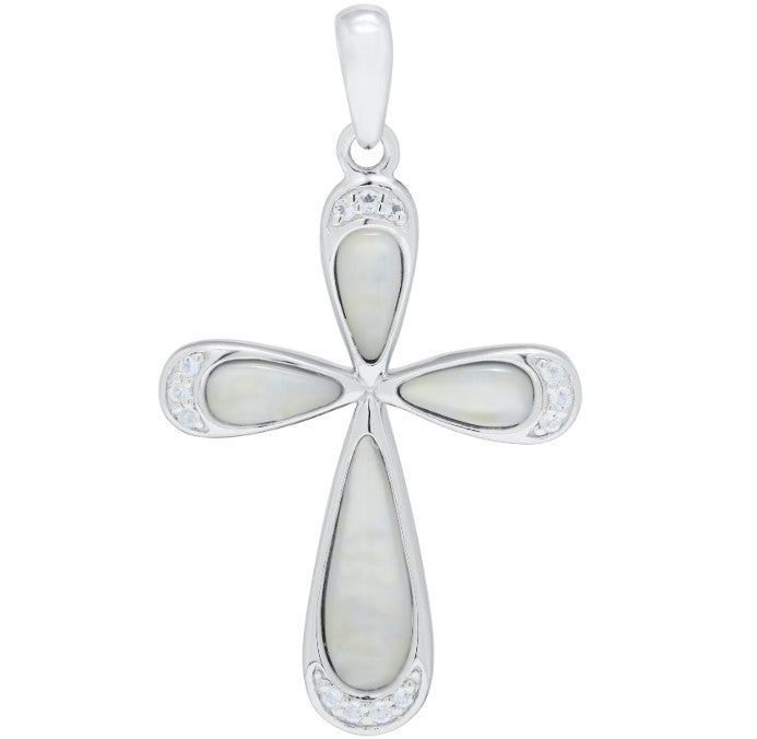 Sterling Silver Cross Necklace with Mother of Pearl & White Topaz – 18" Chain