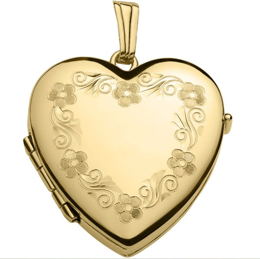 14K Yellow Gold-Filled Engraved Heart Locket – Holds 4 Photos, 18" Rope Chain