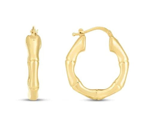 14K Yellow Gold Bamboo Hoop Earrings – 25mm Hinged Clasp