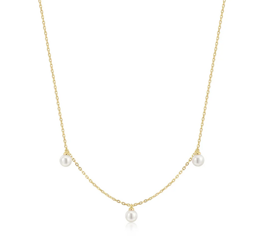 Gold Triple Shell Pearl Station Necklace