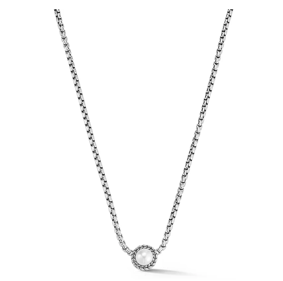 JAI Sterling Silver 3.7mm Box Chain Necklace with Basketweave Pearl