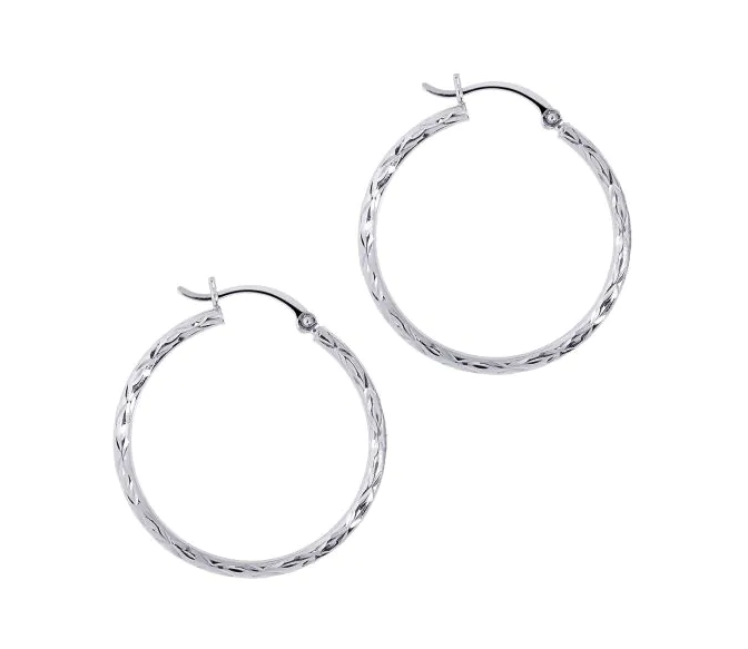 14K White Gold 2 x 30MM Diamond-Cut Hoop Earrings