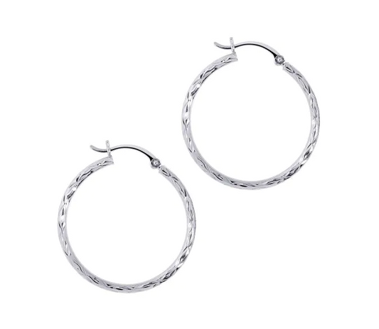 14K White Gold 2 x 30MM Diamond-Cut Hoop Earrings