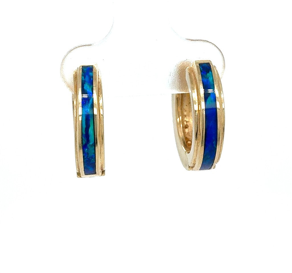 14K Yellow Gold Synthetic Black Opal Hoop Earrings