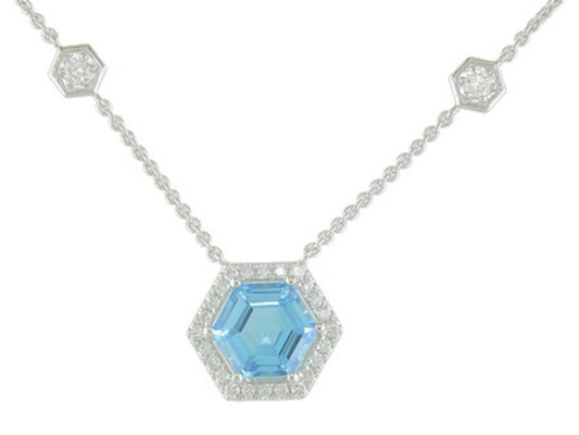 14K White Gold Hexagon Blue Topaz with Diamond Halo Necklace