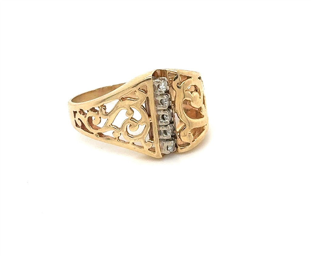 14K Yellow Gold Filigree Wide Ring with Vertical 5-Diamond Row