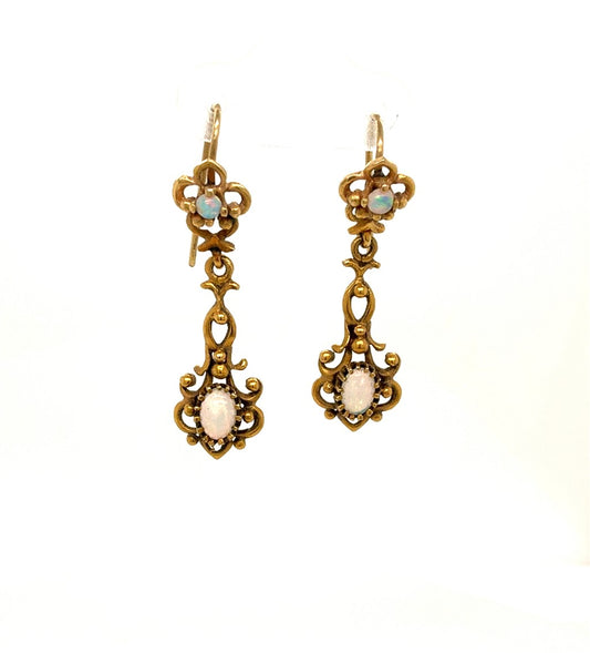 14K Yellow Gold Dangle Filigree Earrings with Opal Accents