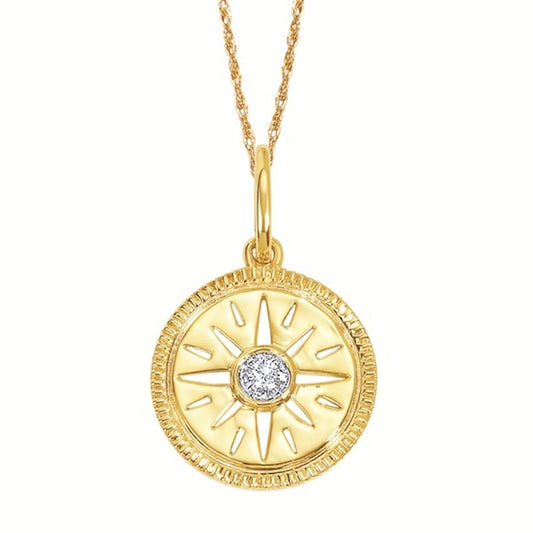 14K Yellow Gold Star Compass Pendant with .02CTW Diamonds on 18" Chain