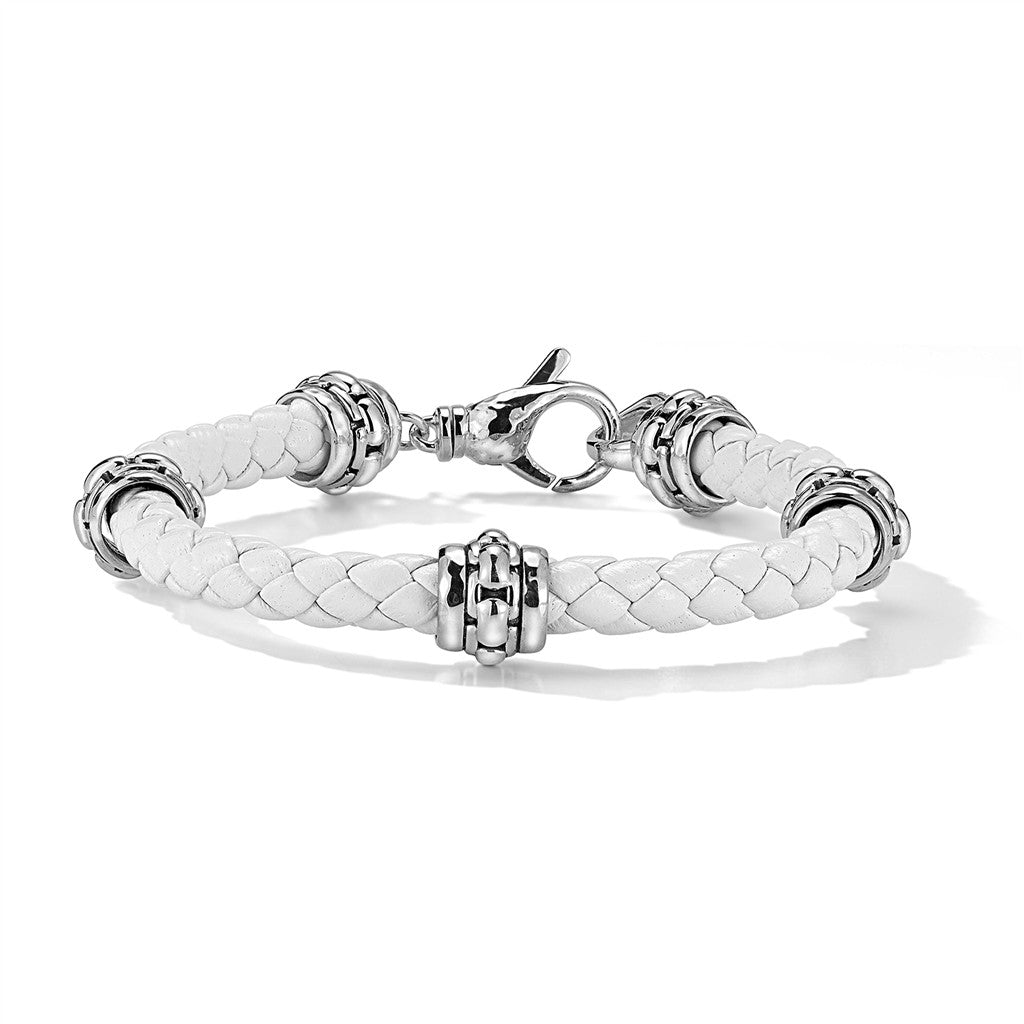 JAI Sterling Silver 6mm Woven White Leather & Box  | Silver Bracelets