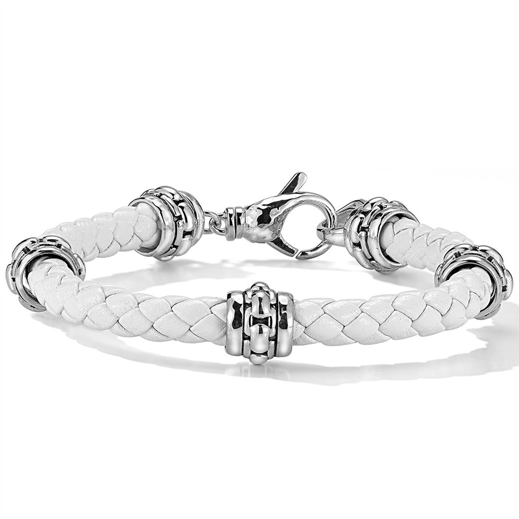 JAI Sterling Silver 6mm Woven White Leather & Box  | Silver Bracelets