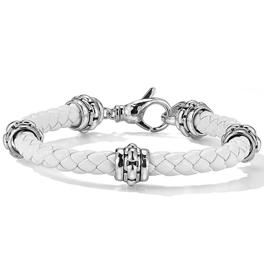 JAI Sterling Silver 6mm Woven White Leather & Box  | Silver Bracelets