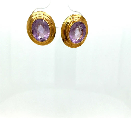 14K Yellow Gold Amethyst Oval Bezel-Set Stud Earrings