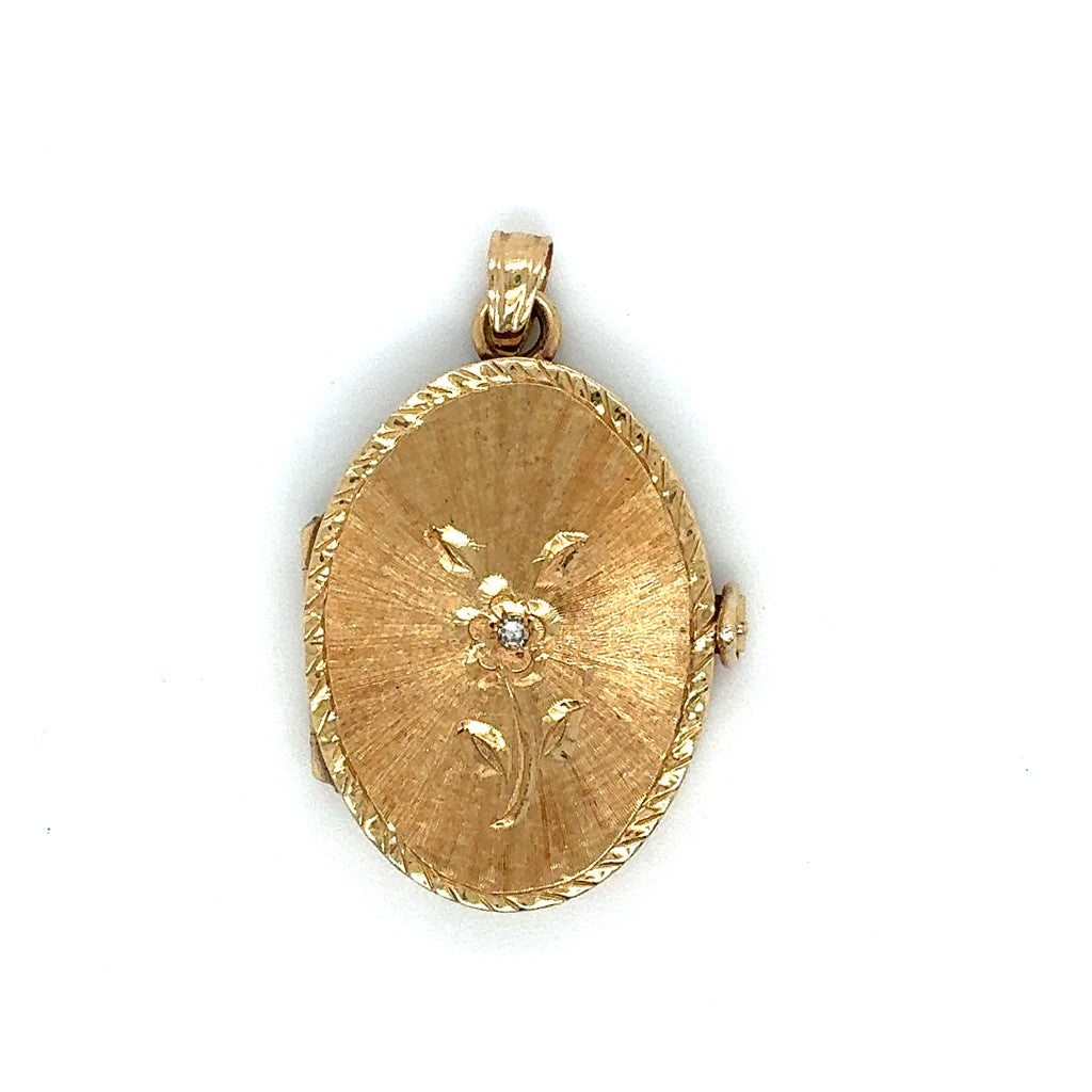 14K Yellow Gold Tri-Layer Rose Engraved Locket with Diamond Accent
