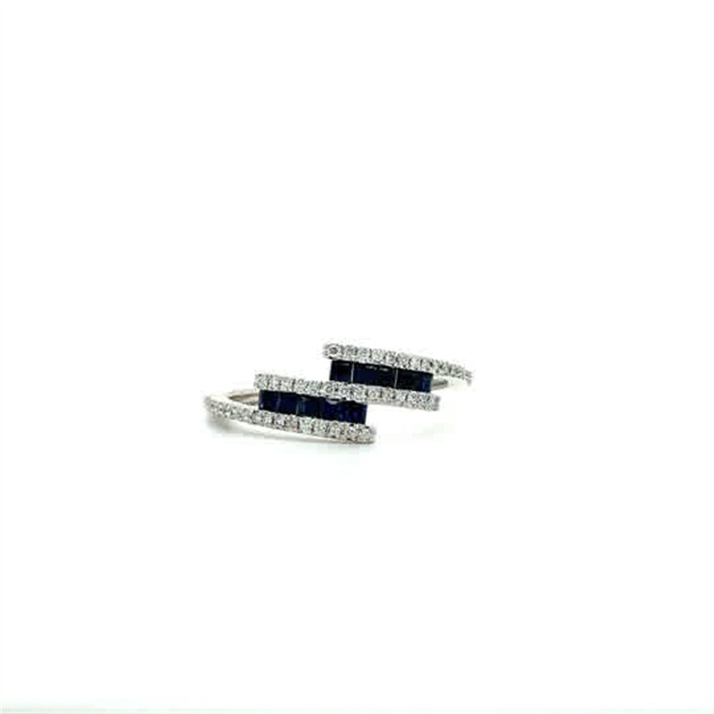 14K White Gold Three-Row Bypass Ring – .35ctw Princess Sapphires & .13ctw Diamonds