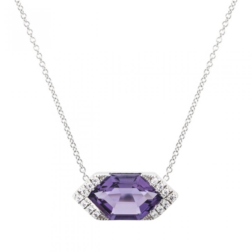 14K White Gold 1.75CT Fancy Cut Amethyst Necklace with Diamond Accents