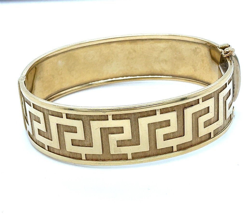 14K Yellow Gold Wide Hinged Bangle with Geometric Inlay & Double Safety