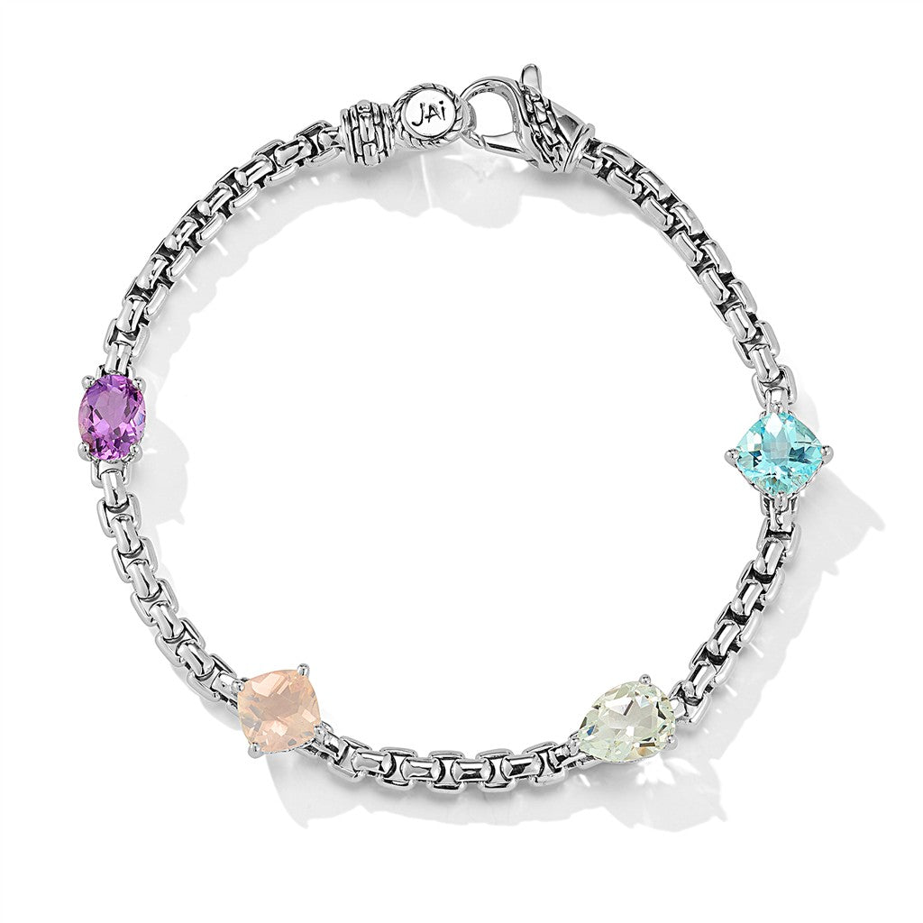 JAI Sterling Silver 4.0mm Box Chain Gemstone Brace | Silver Bracelets