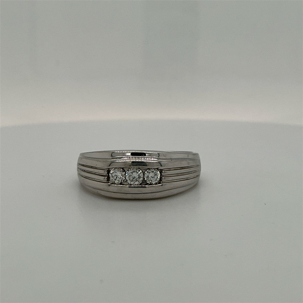 14K White Gold 3-Diamond Ring with Textured Sides