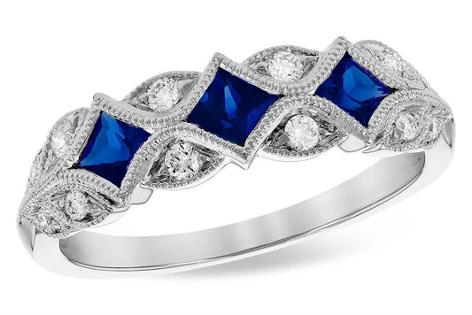 14K White Gold .55ct Sapphire and .15ct Diamond Band with Milgrain Details