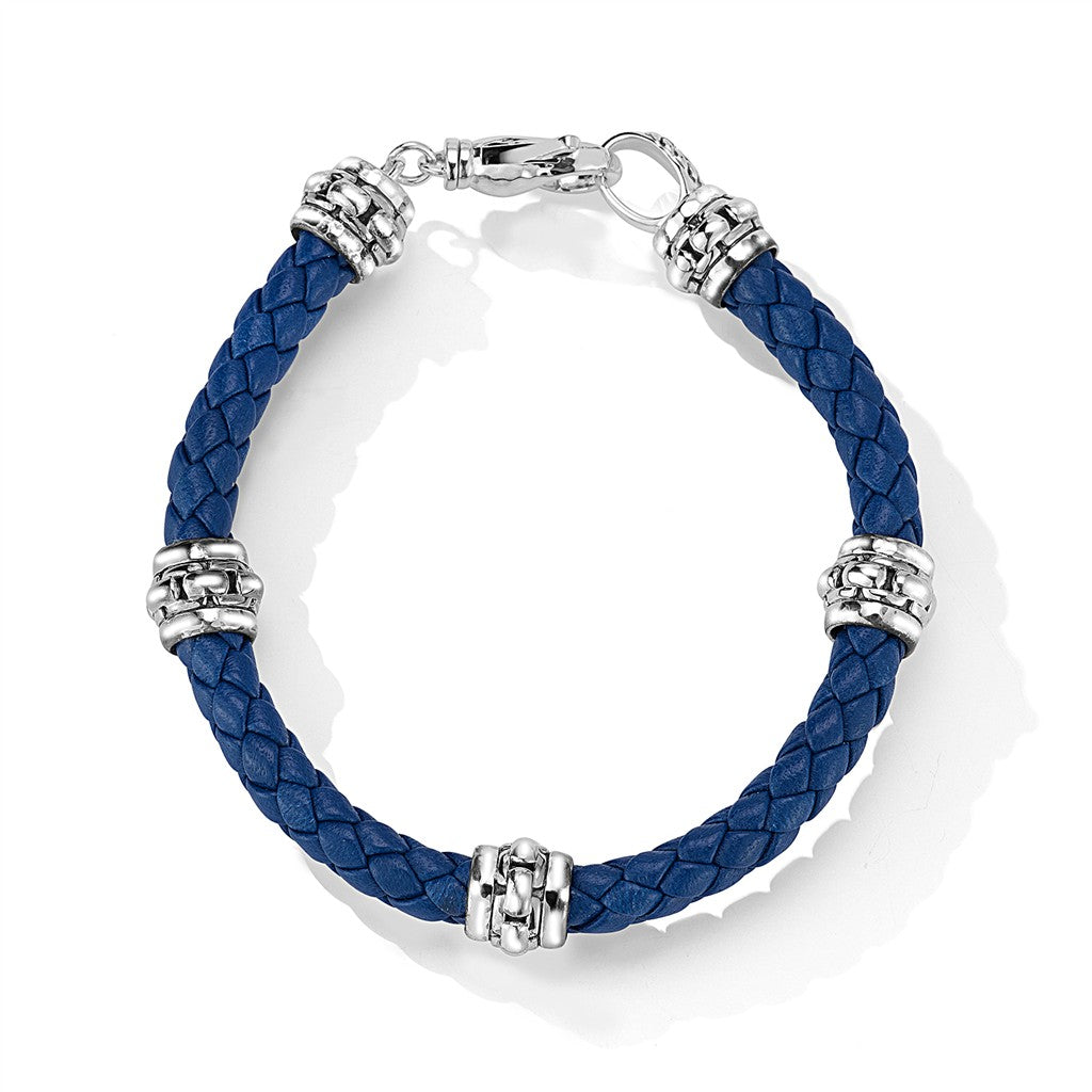 JAI Sterling Silver 6mm Woven Ocean Blue Leather & | Silver Bracelets