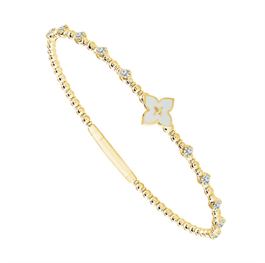 14K Yellow Gold .33CTW Diamond Bangle with MOP Flower Detail and 10 Round Brilliant Cut Diamonds Size 6.75